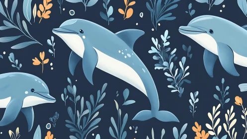 Stylized flat-shaded dolphins with repeating botanical marine pattern