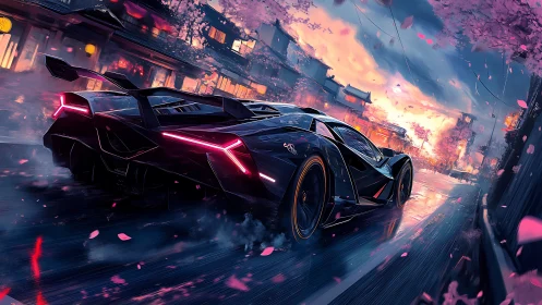Neon hypercar streaks through cherry blossom storm at dusk.