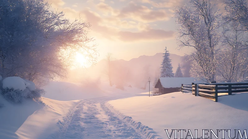 Soft winter sunrise warms a quiet snowy country lane
