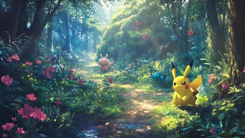 Enchanted Forest Path with Pikachu and Companion Characters in Sunlit Glade.