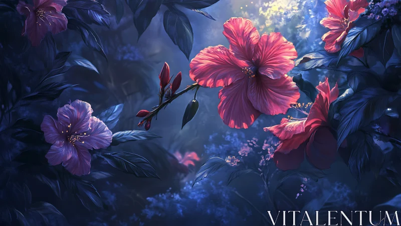 Nocturnal Hybrid Florals: Luminescent Pink Flowers Against Deep Blue Atmospheric Rendering