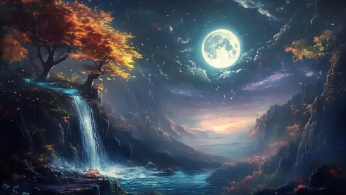 Moonlit waterfall valley glows beneath a vivid twilight sky.