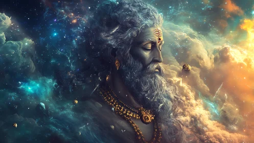 Cosmic deity portrait merges nebular volumetrics with intricate gold