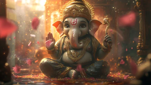 Gentle Ganesha in golden light and dancing flower petals.
