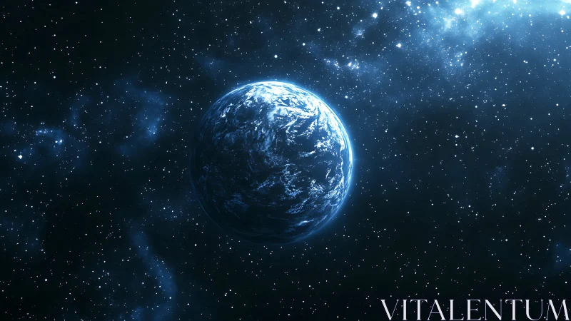 Lonely blue planet hums softly within a snowfall of stars