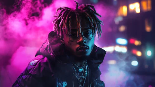 Moody neon portrait of a stylish night city dreamer.