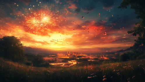 Fireworks crown a glowing valley city at fever-bright dusk
