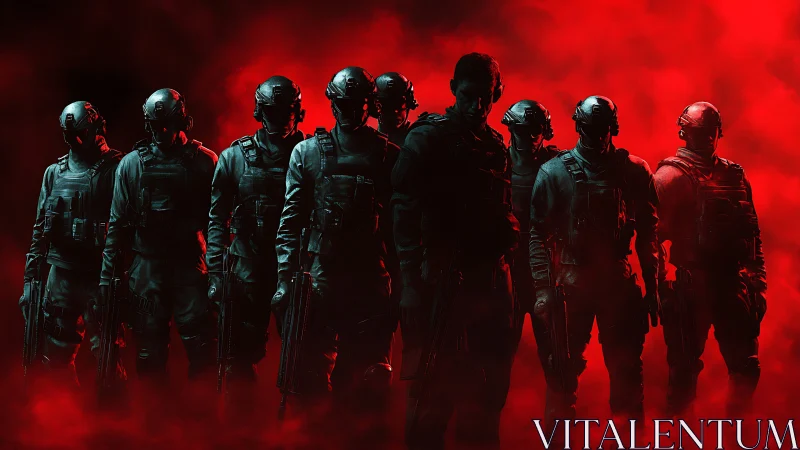 Armed tactical squad in red atmospheric backlit scene.