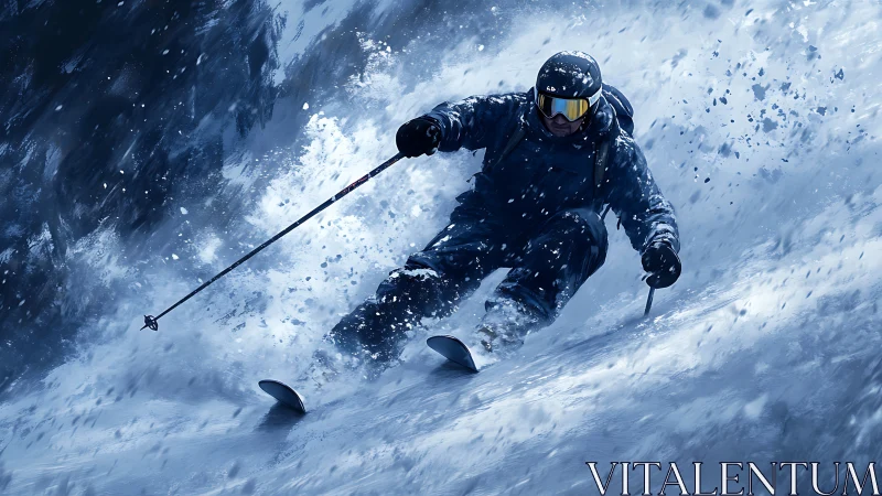 Extreme downhill skier carving fast through deep powder.