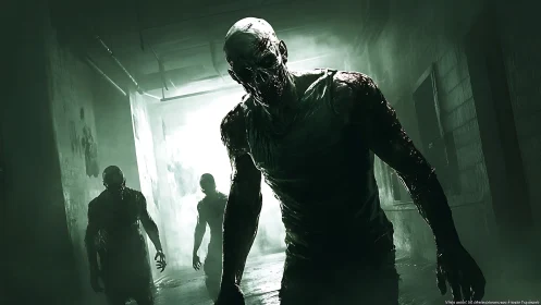 Grotesque zombie creature stalks dark, misty hallway.