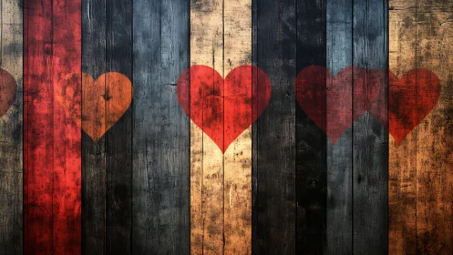 Red heart shapes arranged on weathered wooden planks.