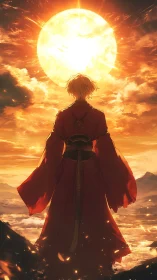 Solitary figure in red robe under an intense blazing sun.