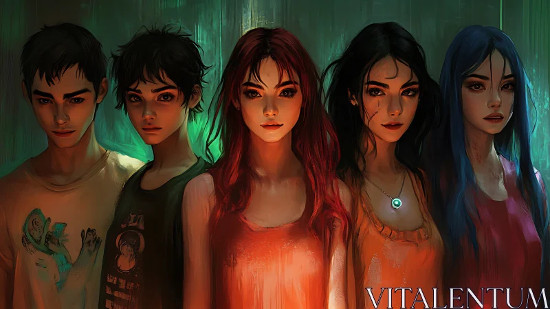 Five spectral rebels glow in neon dusk and quiet defiance