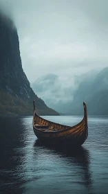 Viking longboat resting on misty Nordic fjord waters.