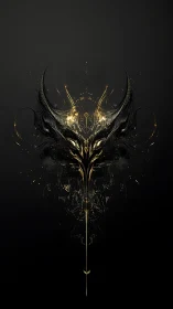 Ornate horned mask emerges in glowing black and gold symmetry.