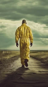 Person in yellow hazmat suit walking on empty rural path.