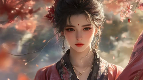 Graceful blossom maiden gazes softly through drifting petals