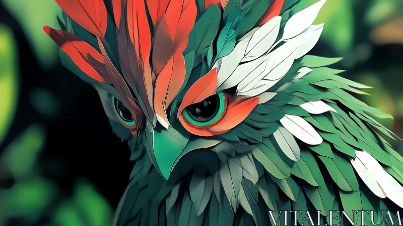 Vibrant stylized owl portrait with colorful feathers in digital art.