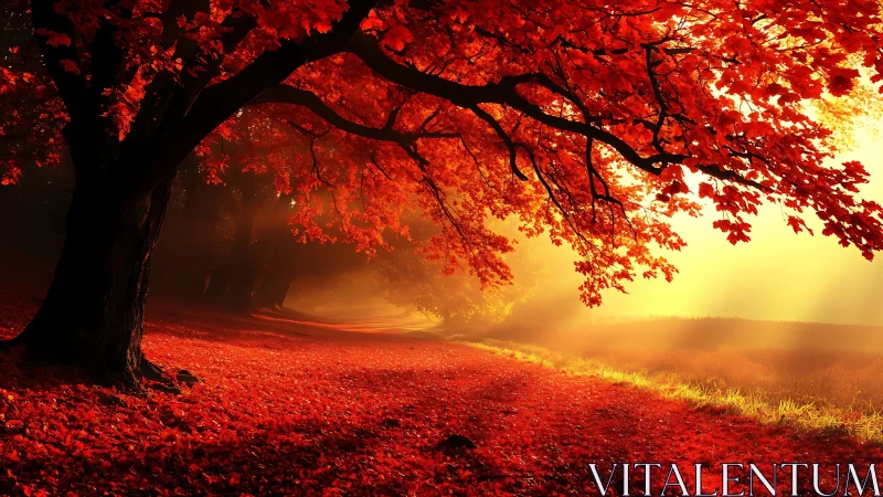 Glowing autumn path under a canopy of fiery red leaves.