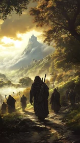 Epic fantasy procession toward mountain citadel at dawn.