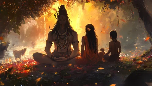 Sunlit riverside meditation with divine family in autumn glow.