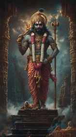 Storm-lit guardian strides through embers and temple mist