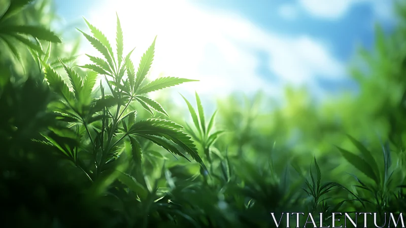 Sunlit cannabis plants grow in lush green outdoor field