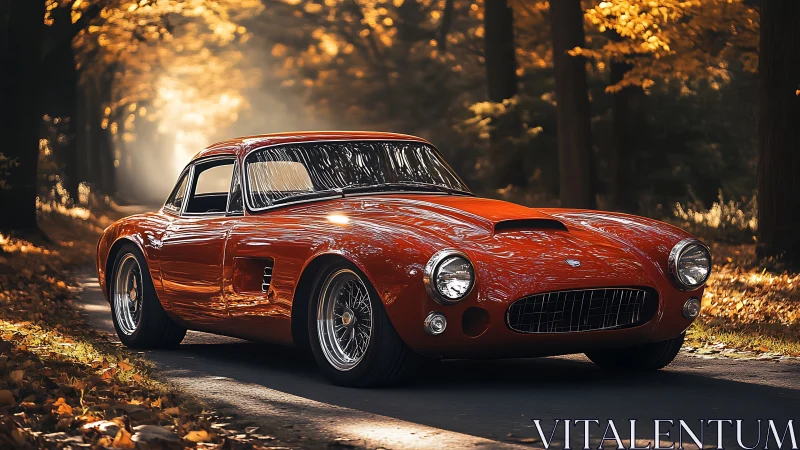 Classic red grand tourer on forest road under autumn light