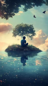 Solitary figure sits on small island amid reflective water