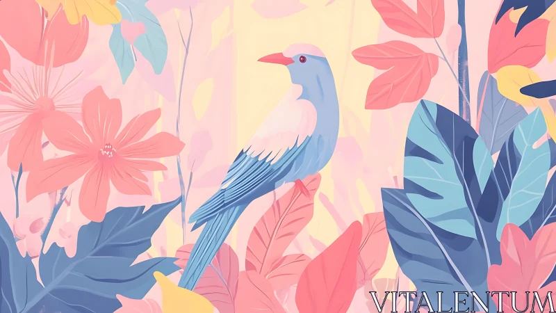 Stylized blue bird among pastel tropical foliage illustration.