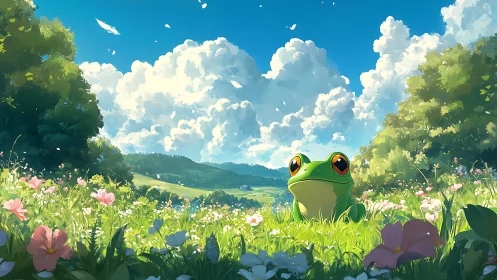 Cartoon frog sits in a flower meadow under cumulus clouds