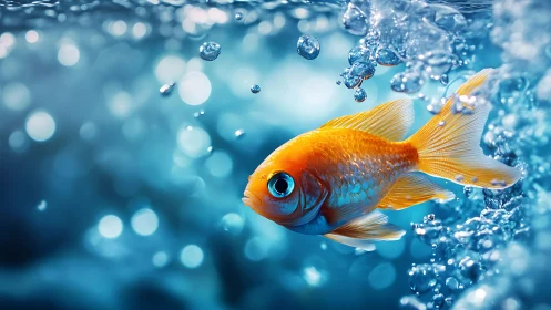 Bright orange goldfish swimming underwater among bubbles.