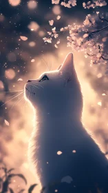 White Cat Gazes Through Magical Cherry Blossoms