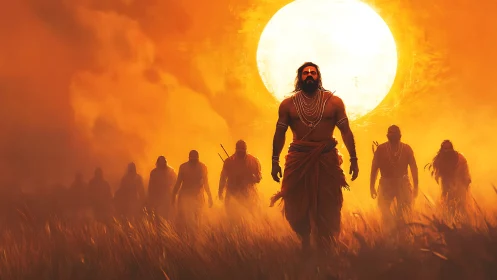 Sunfire warriors stride forward through a storm of sacred light