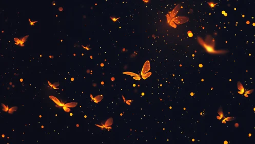 Glowing orange butterflies drift through dark luminous night