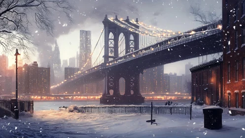Snow-covered urban bridge and riverside winter landscape.