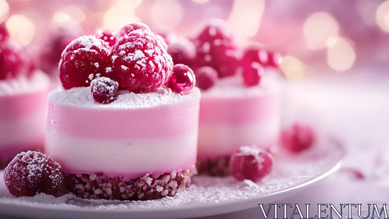 Raspberry mousse mini cakes with powdered sugar topping.