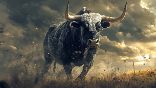 Storm-charged bull sprinting through blazing twilight field.