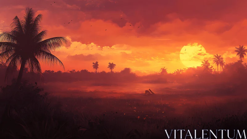 Backlit tropical marsh sunset renders atmospheric depth