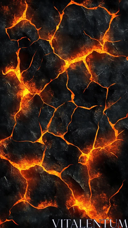 Lava flows through fragmented dark surface with orange incandescence.