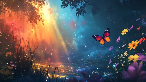 Butterfly over glowing pond in colorful fantasy forest.