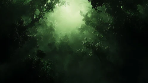 Forest Canopy with Celestial Light Breaking Through Dense Green