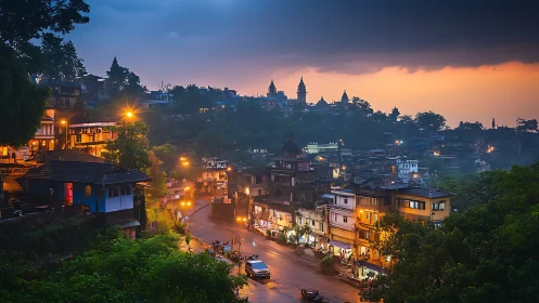 Hill town street glows under stormy dusk sky.