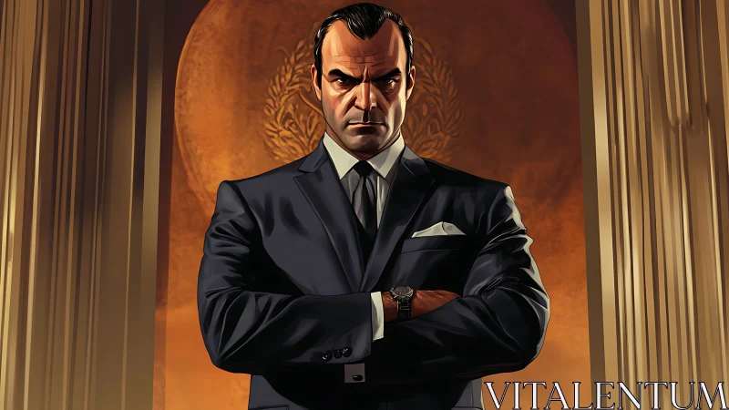 Steel-eyed power broker framed in golden command light.