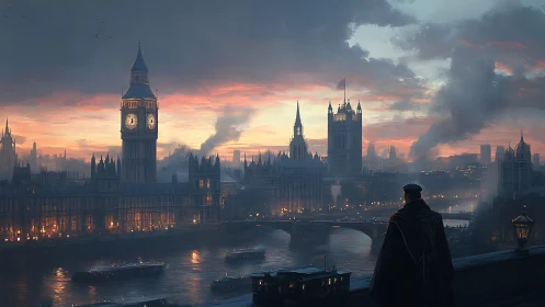 Misty London twilight watched from a quiet riverside ledge.