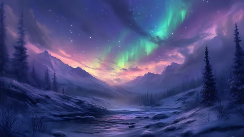 Aurora-lit alpine river valley under violet twilight sky.