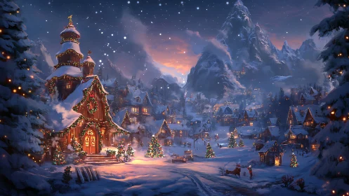 Snowy village hums with Christmas lights beneath tall peaks