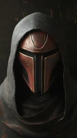 Hooded armored warrior in red metal helmet portrait.