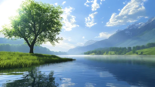 Lone green tree by calm mountain lake under bright sky.