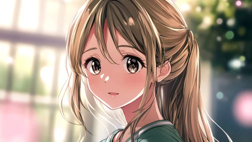 Sunlit anime girl portrait with warm reflective eyes.